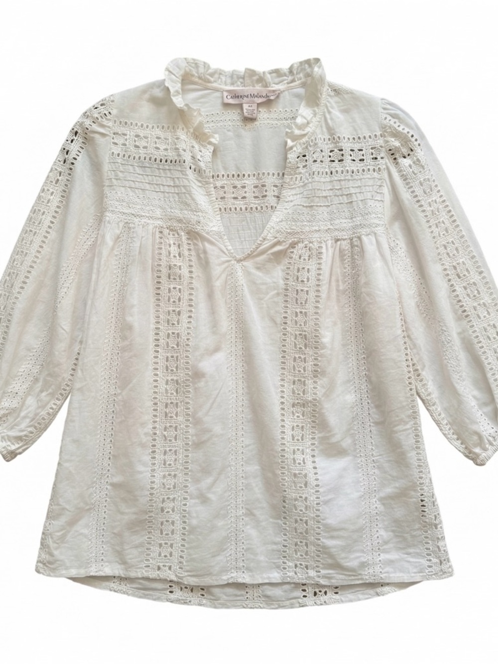 Catherine Malandrino White Eyelet Lace Boho Blouse Small Embroidered Peasant Top